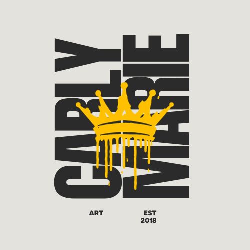 Carly Marie written in black block letters with a yellow crown in the centre and smaller font below that reads art test. 2018